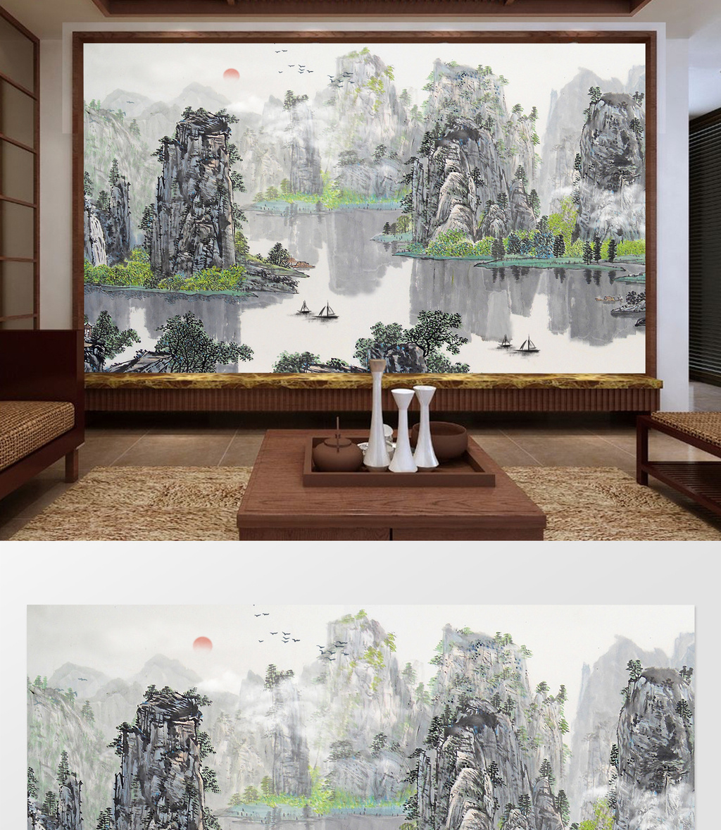 中国风手绘国画山水画电视背景墙图片