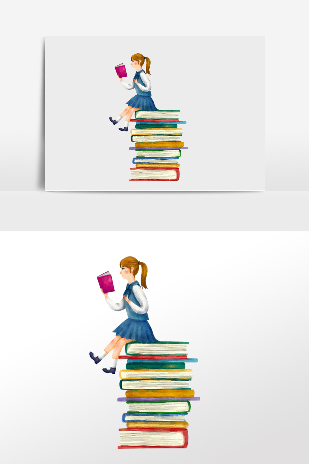 水彩手绘读书节在书本上读书小女孩