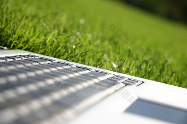 绿色田野里的笔记本电脑键盘