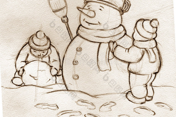 素描-儿童建筑雪人