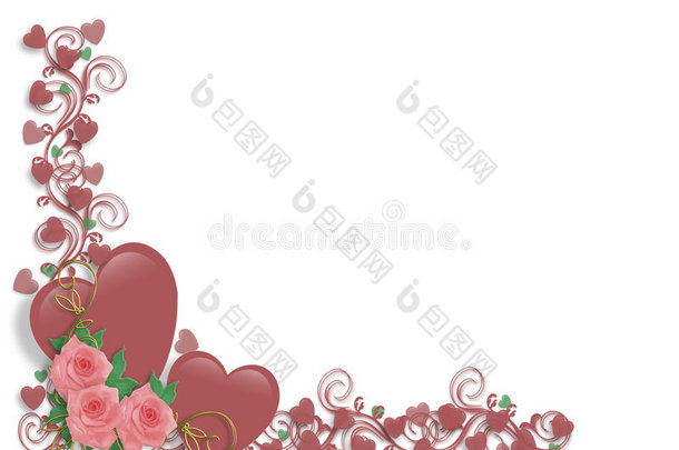 情人节边界粉红色的心和玫瑰