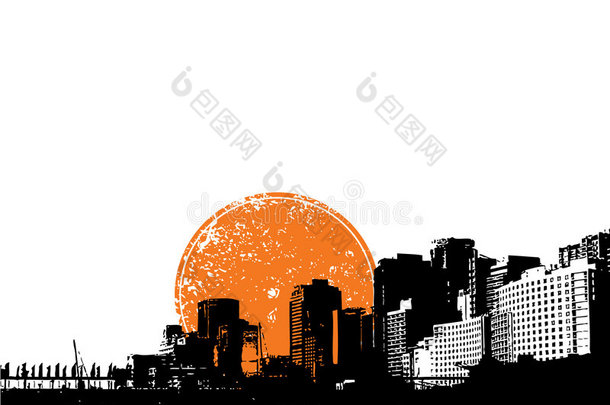 橘色太阳的城市。矢量