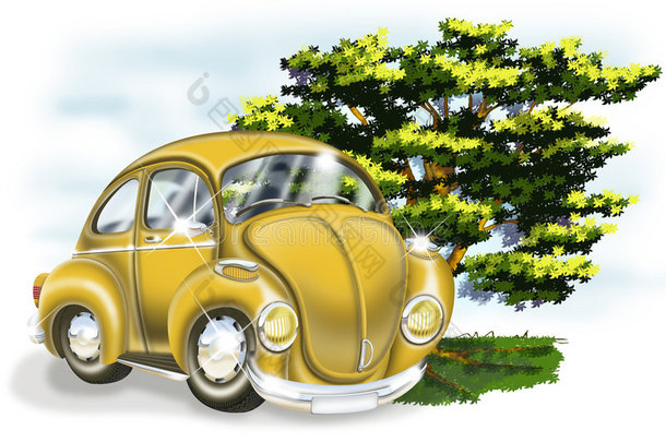 黄色汽车和树