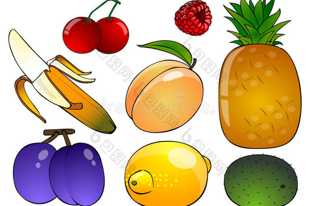 六个白色背景的卡通水果