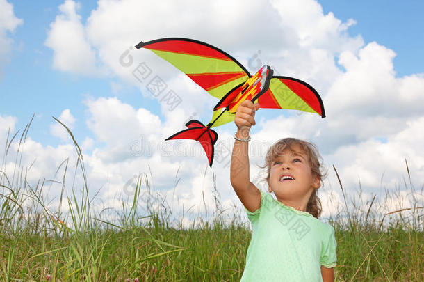 小女孩在草地上放风筝