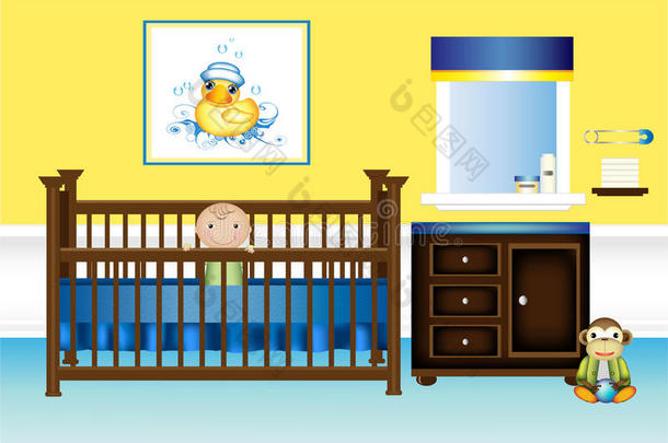 黄色和蓝色的婴儿卧室