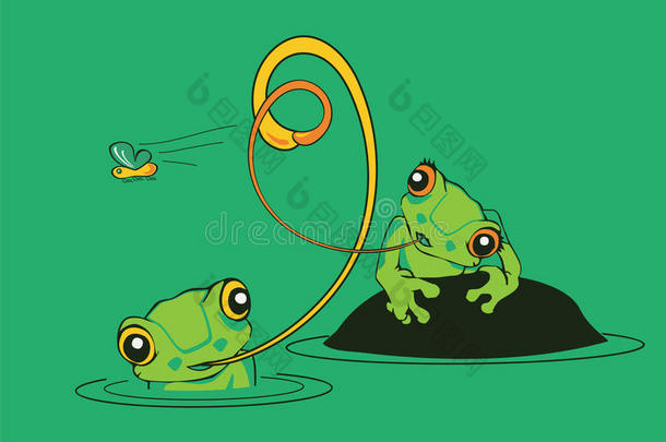 池塘里两只青蛙在捉苍蝇