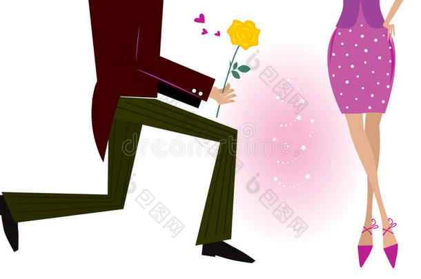 情人节情侣：膝盖上的男人给女人玫瑰