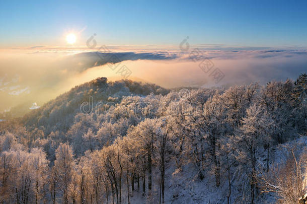 美丽山中的霜降日落全景图
