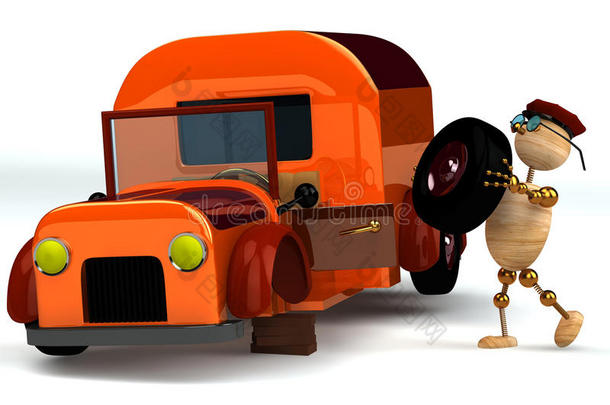 3d木头人换橙色卡车轮胎