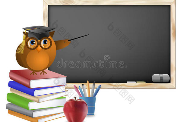 带黑板书、钢笔和苹果的教室