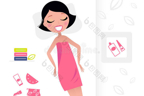 穿着粉色毛巾在美容院放松的女人。