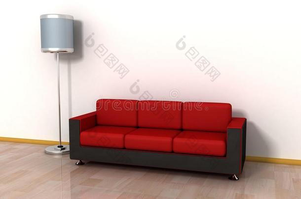 舒适的红色沙发和靠墙的落地灯