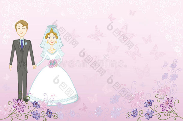 粉色花朵背景的新郎新娘
