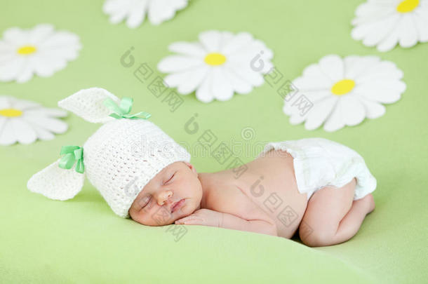 <strong>初生</strong>婴儿睡在绿色的纸雏菊中