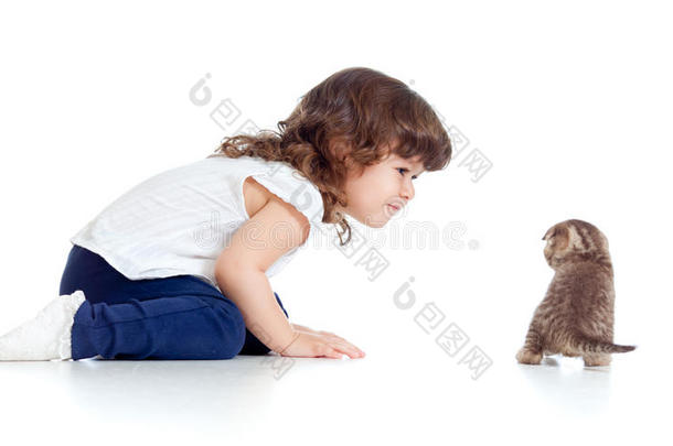 有趣的孩子和小猫坐在地板上