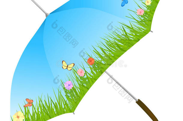 带草、花和蝴蝶的蓝色伞