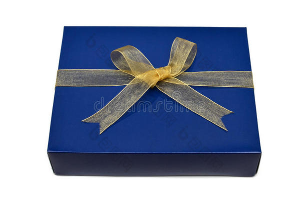 带<strong>金色</strong>丝带和<strong>蝴蝶结</strong>的蓝色礼品盒