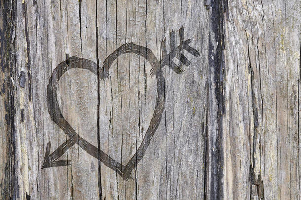 爱之心和箭的涂鸦雕刻成木头
