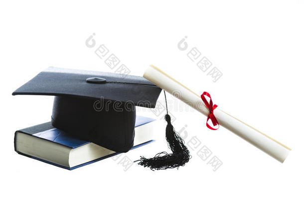 毕业帽、毕业证、毕业书，白色隔离