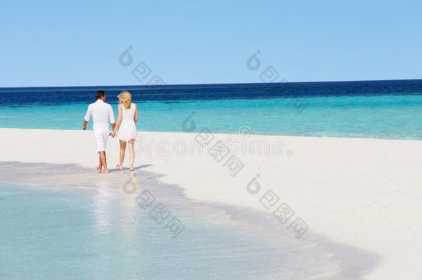 热带沙滩上浪漫情侣的后视图