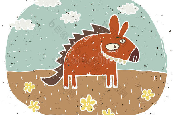 手绘格鲁吉图可爱鬣狗在背上微笑