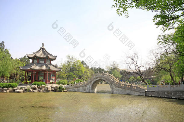 亭台楼阁，风景秀丽的池塘，中国传统建筑景观，华北