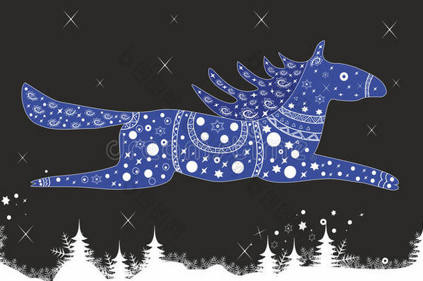蓝色喜庆的马圣诞插画。