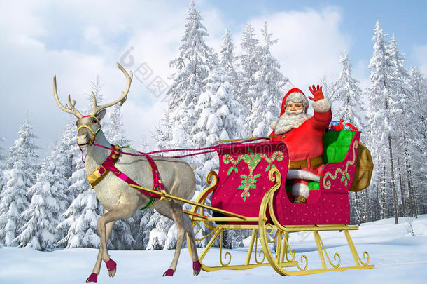 圣诞老人驾着雪橇和驯鹿，背景是白雪皑皑的树木。