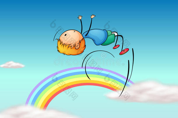 一个男孩跳上天空，看到彩虹