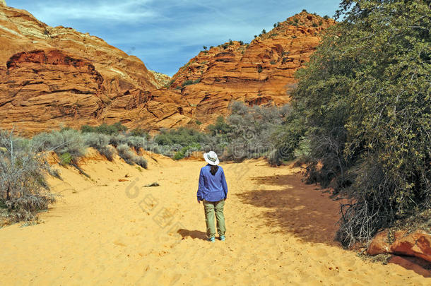 徒步进入沙漠峡谷
