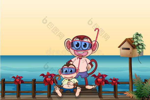 桥上的一只小猴子和一只大猴子