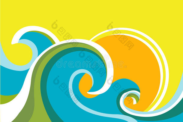 自然<strong>海景海报</strong>与海浪和太阳。可变气门正时系统