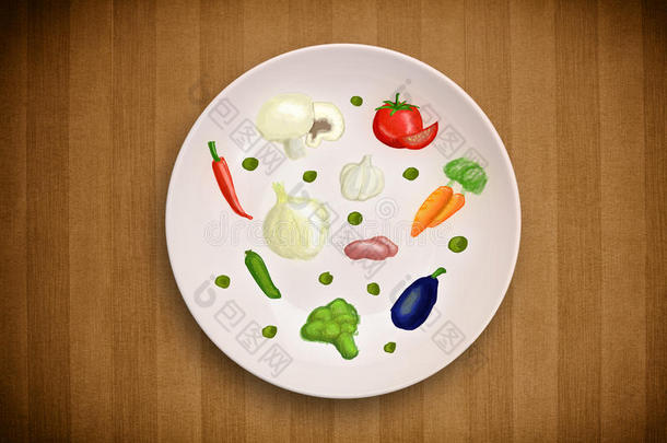 有<strong>手绘</strong>图标、符号、蔬菜和<strong>水果</strong>的彩色盘子