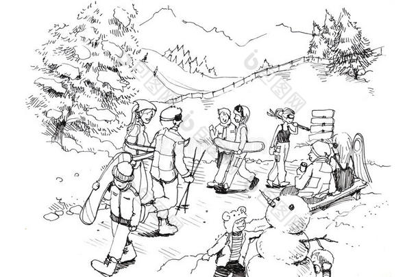 冬季滑雪缆车雪景卡通画