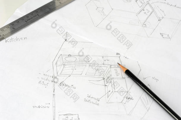 用铅笔手绘厨房草图