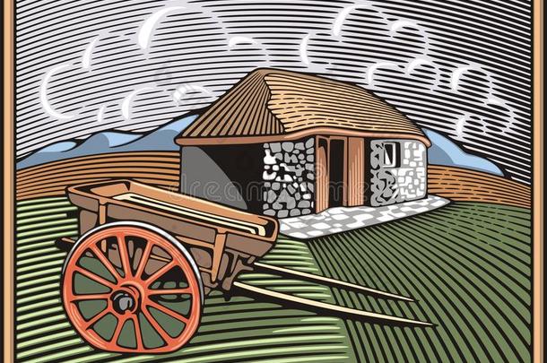 木刻风格的乡村生活与农耕插画