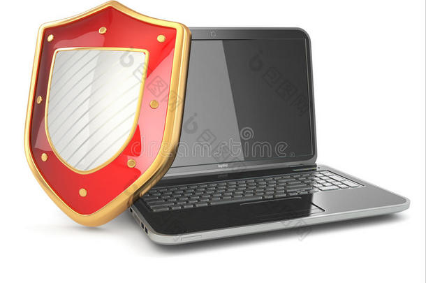 互联网安全概念。笔记本电脑和防护罩。