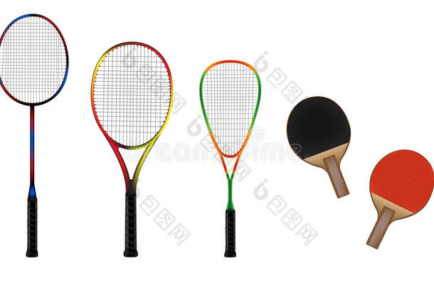 羽毛球、网球、壁球和乒乓球设备矢量图