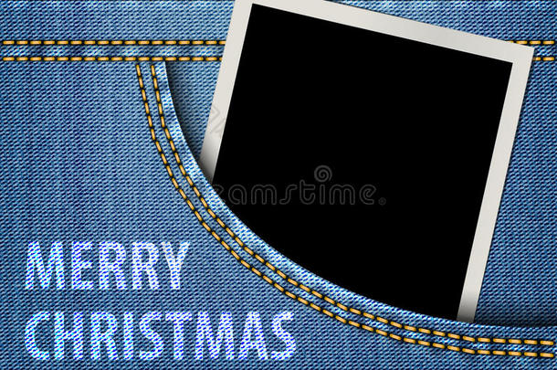 蓝色牛仔裤口袋里的圣诞祝福和空白相框