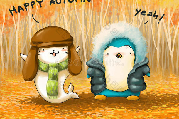 秋叶中的企鹅与海豹卡通插画