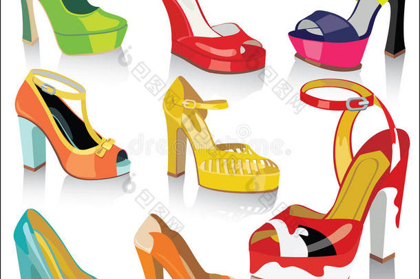 一套色彩鲜艳的时尚女鞋和凉鞋。