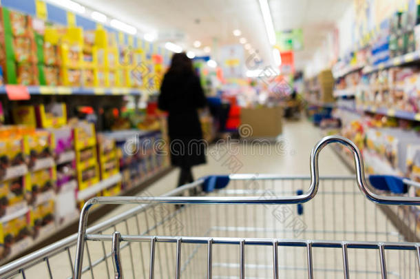 从购物车手推车在超市商店的看法。零售。