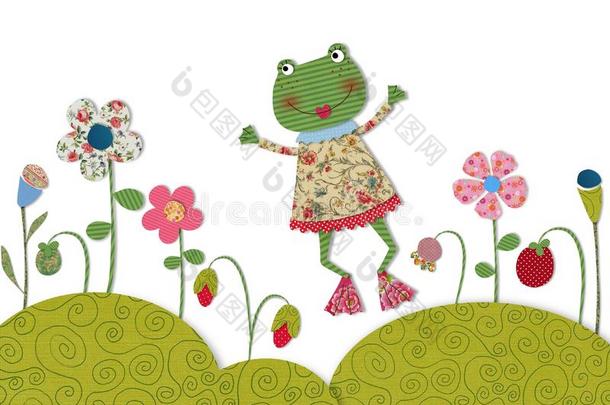 小青蛙在开花的草地上跳跃