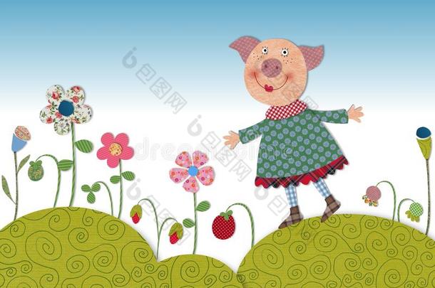 小猪在开花的草地上散步