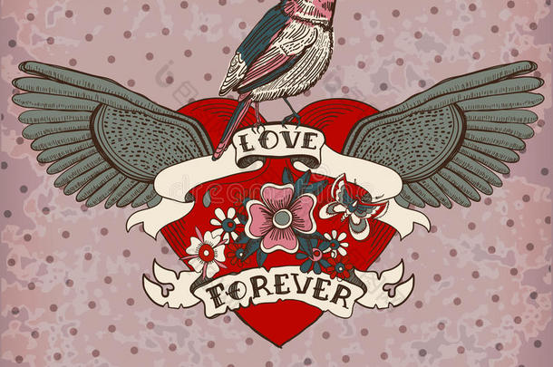 老式纹身卡，带鸟、花和丝带，复古情人节插画