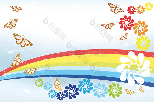 抽象的春天背景，彩虹，蝴蝶花