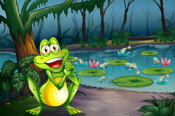 一只嬉戏的青蛙站在池塘边的森林里