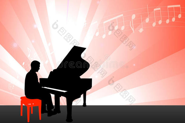 红色<strong>背景配音</strong>符的钢琴演奏家