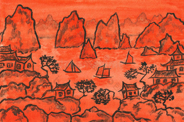橙色中国风景画